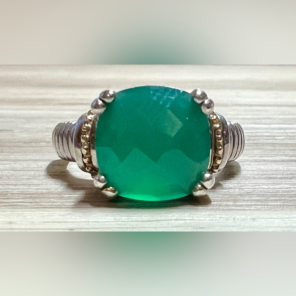 Designer Signed ATR Sterling Silver & 14K Gold Green Chalcedony Ring, Size 6.75 - Picture 2 of 11